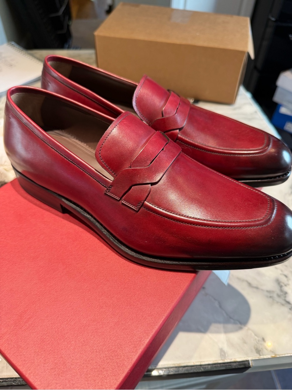 Salvatore Ferragamo Red Leather Penny Loafers color is I more burgundy